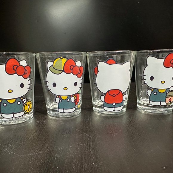 Hello Kitty Mini Glassware Set of Four 1.5oz Shot Glasses Camping Theme NIB - Picture 1 of 3